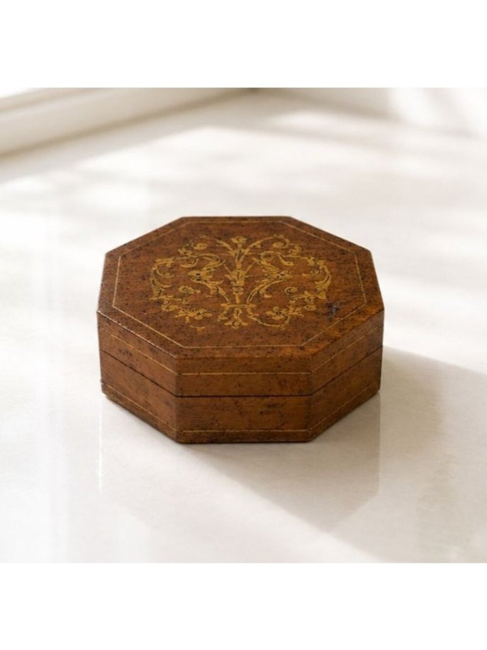 Handcrafted Octagonal Wooden Trinket Box With Gold Floral Detailing Hinged Lid 4